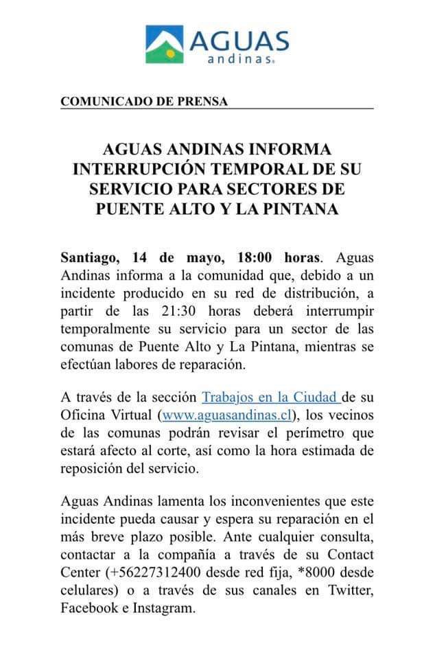 DPPCordillera's tweet photo. Vecinos de #PuenteAlto empresa @aguas_andinas informa de corte de suministro de agua potable a partir de las 21:30 horas. 

🚰🚚Los puntos de abastecimiento con camiones aljibe son:  

📍🚰Río Arhuelles #3705
📍🚰Ichuac #01020
📍🚰Av. Juanita con La Lechería 
📍🚰El Rodeo #2645 https://t.co/Cn1leZ5ohD