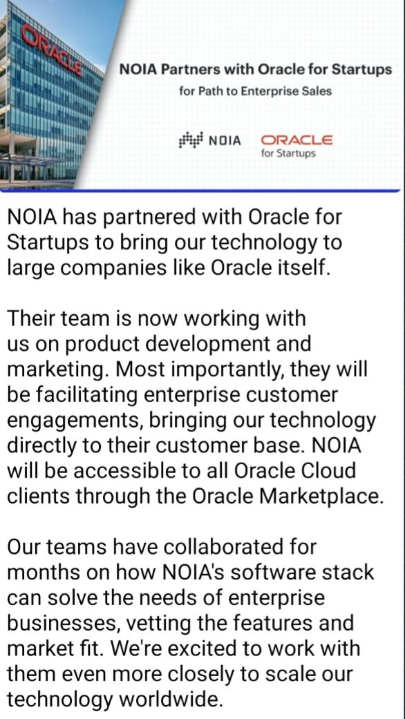 Just announced  $NOIA partnership with  @Oracle  @OracleStartup .Huge news, we were expecting big partnerships, but I must admit I'm still in shock .... @NoiaNetwork