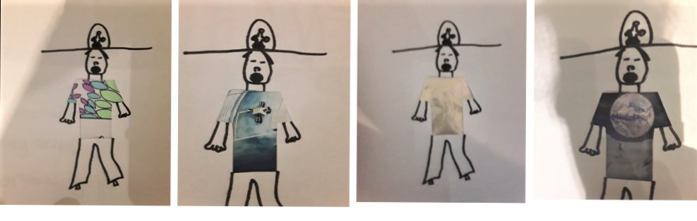 ArtLaes's tweet photo. The interesting textures and patterns students are finding with their characters always excite. There's even a glowing shirt. Can you guess what backgrounds these artists used to create their character's shirts? #LakeAnneArt #artathome @LakeAnneES #dolphinpride #patternandtexture https://t.co/HYZyviGfnN
