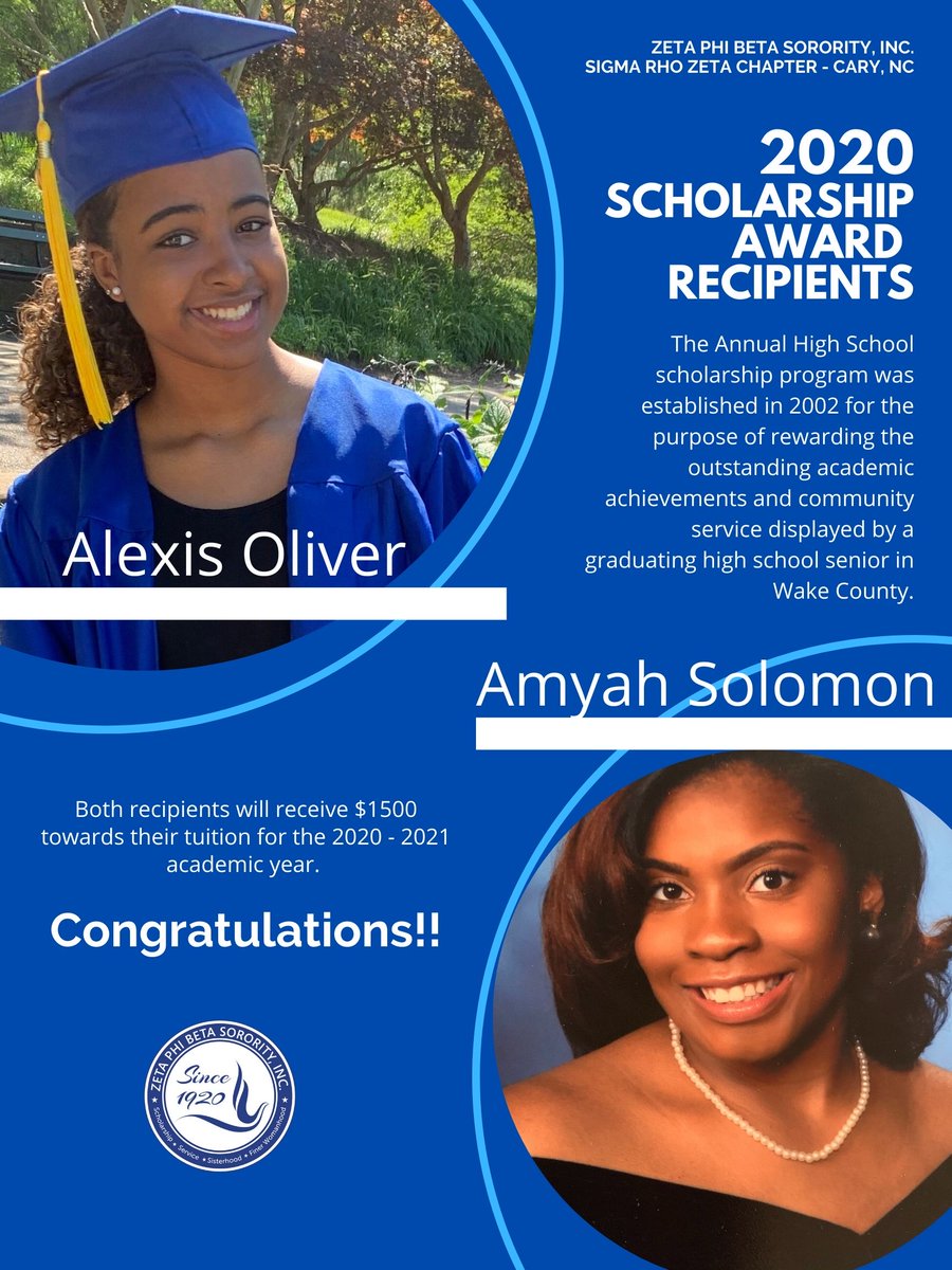 CaryZetas's tweet photo. It is with great pleasure that we announce our scholarship award recipients for the 2020 academic school year.  

Congratulations Alexis Oliver and Amyah Solomon! 

Both recipients will receive $1500 towards their 2020-2021 tuition. #CaryZetas #ΣΡΖ #ZetaPhiBeta #scholarship https://t.co/svvw36OWnL