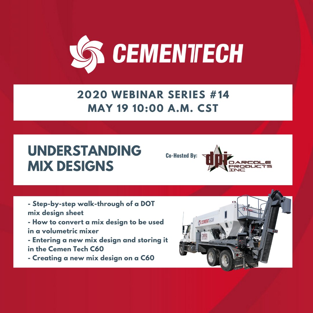 cementech's tweet image. Register today for this free webinar to learn how to convert mix designs for use in a volumetric mixer and more.

ow.ly/2od750zG83y

#pourwiththeleader #constructionwebinar #concretemixdesign #cementech