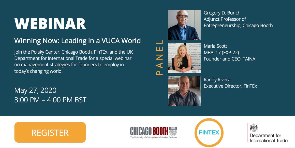 FinTExChicago (@fintexchicago) on Twitter photo WEBINAR 5/27 @ 9AM CT
Winning Now: Leading in a VUCA World
Join the <a href="/polskycenter/">Polsky Center at the University of Chicago</a>, <a href="/ChicagoBooth/">Chicago Booth</a>, FinTEx, & the UK Department for International Trade for a special webinar on management strategies for founders to employ in today’s changing world.
Reg: bit.ly/360nVqy WEBINAR 5/27 @ 9AM CT
Winning Now: Leading in a VUCA World
Join the <a href="/polskycenter/">Polsky Center at the University of Chicago</a>, <a href="/ChicagoBooth/">Chicago Booth</a>, FinTEx, & the UK Department for International Trade for a special webinar on management strategies for founders to employ in today’s changing world.
Reg: bit.ly/360nVqy