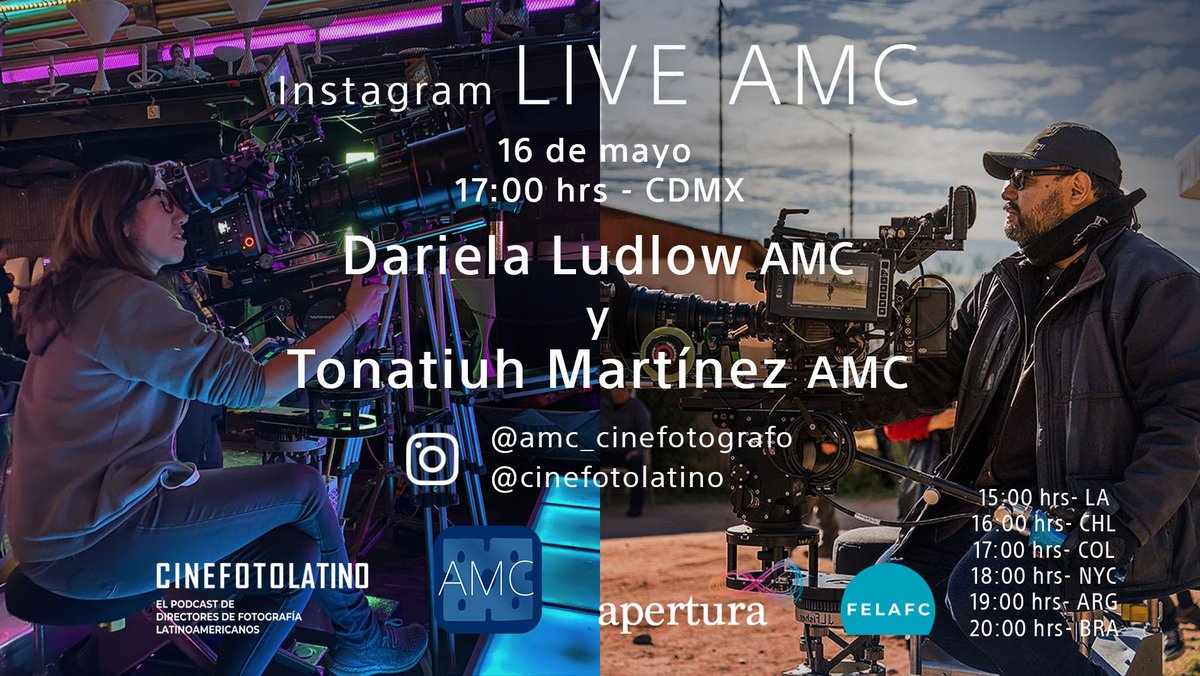 No se pierdan esta charla entre Dariela Ludlow AMC, AperturaDoP y @TONATIUH_MTZ MTZ  AMC este sábado 16 de mayo a través desde nuestro IG y @cinefotolatino.   También estarán respondiendo sus preguntas sobre Cinfotografía y sus proyectos más recientes. 

 #CineLiveGuide