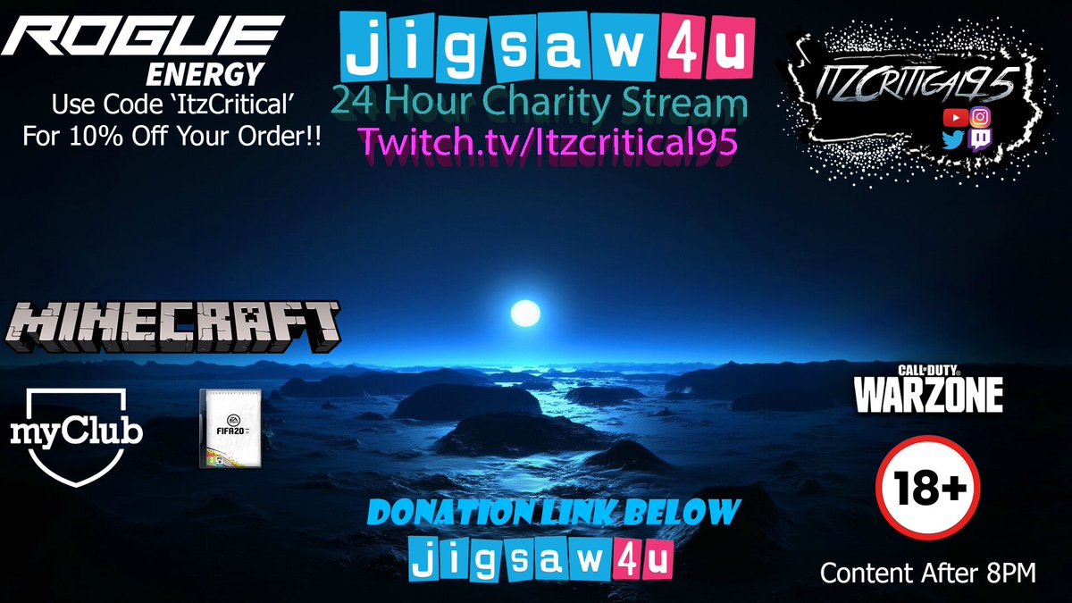 itzzzcritical's tweet photo. I'll Be holding a 24 hour charity stream 11AM 15/05/20 (Tomorrow) in aid of @Jigsaw4u. 

Live Stream Link: https://t.co/O5TCBk8aAv
Charity Link: https://t.co/0gYqWzPxaR
Justgiving Page:  https://t.co/2RVLfbSXTe https://t.co/Sfkl57pyEd