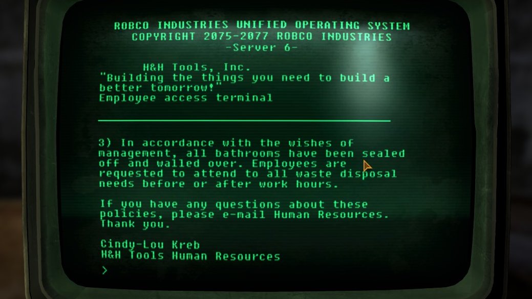 MittenSquad's tweet photo. On this very day in the Fallout universe (May 14, 2020), H&amp;H Tools Company permanently sealed all their bathroom doors shut to keep their employees from disposing their waste while on the job. https://t.co/3Kc7SagZJK