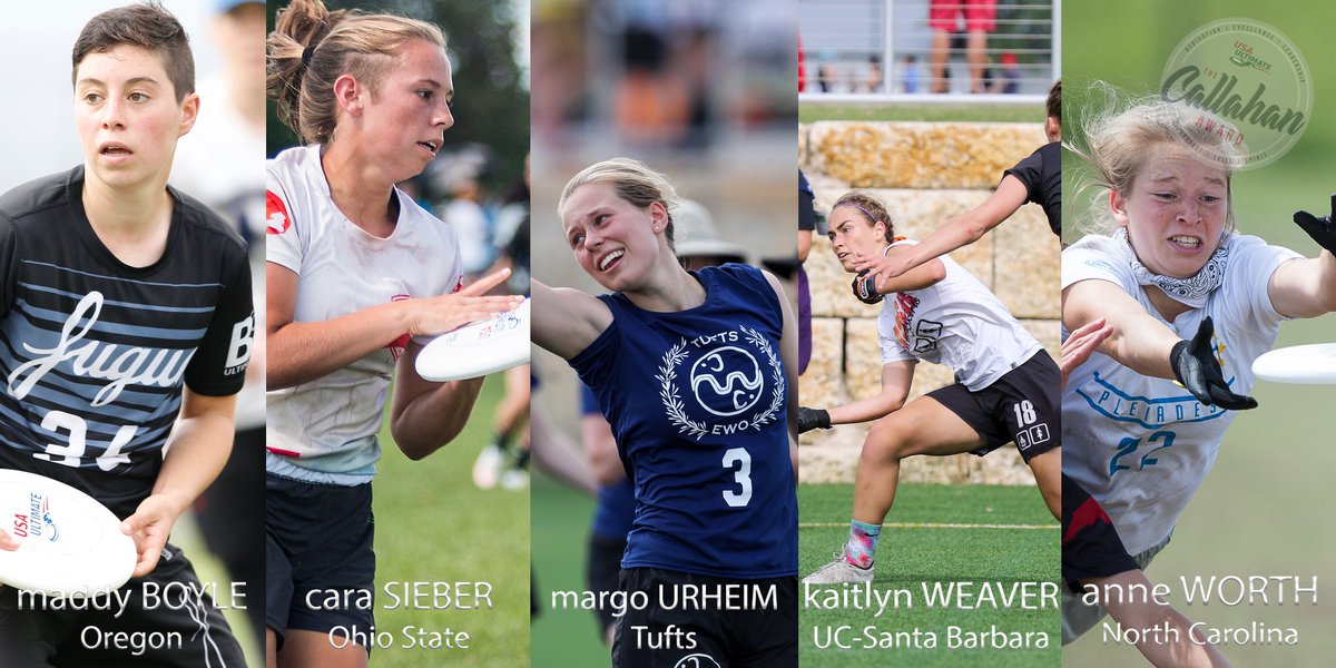 USAUltimate's tweet photo. Meet your 2020 #USAUltimate #CallahanAward finalists in the women's division: 

Maddy Boyle: @OregonFugue 
Cara Sieber: @FeverUltimate 
Margo Urheim: @ewonews 
Kaitlyn Weaver: @BSkirts 
Anne Worth: @UNC_Pleiades 

Winner announced Thursday, May 21 https://t.co/sTQRdNAxXJ
