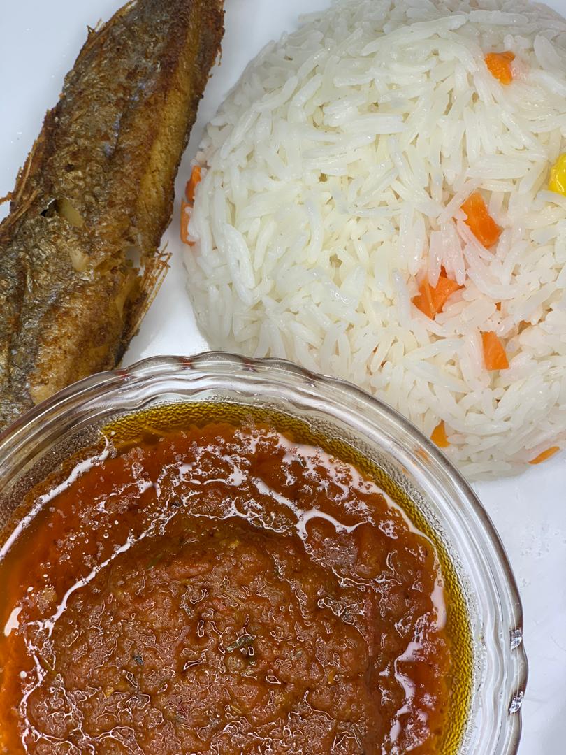 Day 20: White rice, kpanla fish and stew. Watermelon