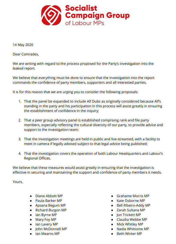 socialistcam's tweet photo. Today members of the Socialist Campaign Group have written to our Party Leader, Deputy Leader, General Secretary and Chair of the NEC with proposals to help ensure confidence in the party’s investigation into the leaked report. https://t.co/32B2VYAlYC