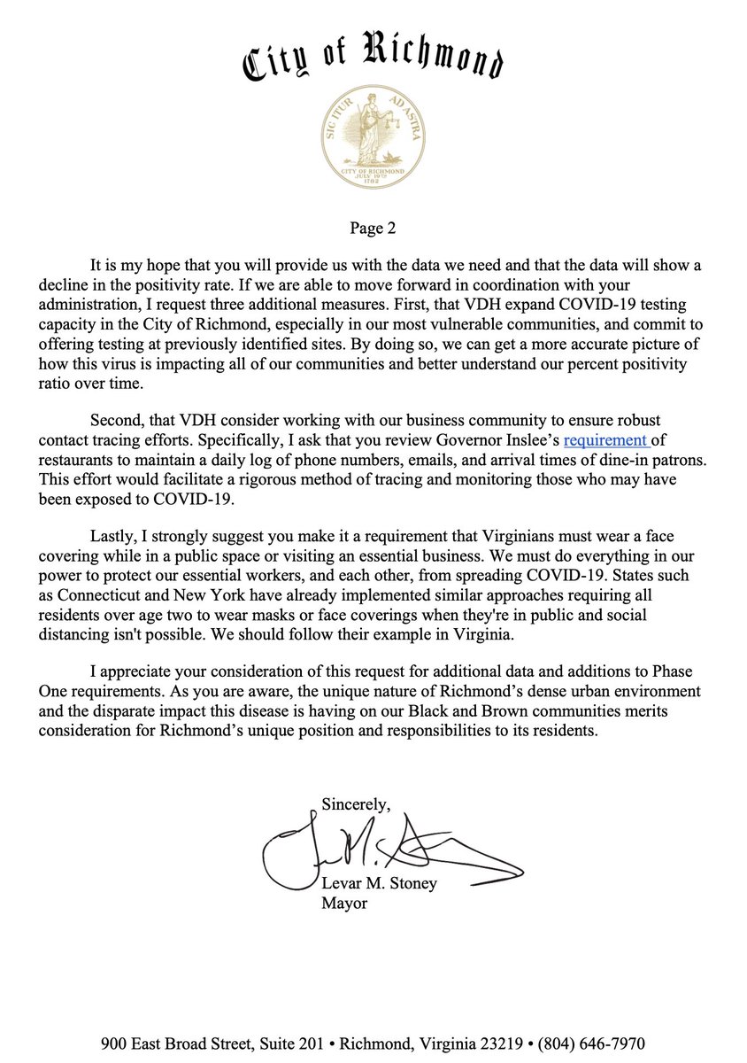 CityRichmondVA's tweet photo. Richmond to delay moving into Phase One of state reopening plan until May 28 at the earliest
Read more here: https://t.co/xdX41I5JQC
Read the letters Mayor @LevarStoney sent to @GovernorVA below ⬇️ https://t.co/gZ0tIPKCzO
