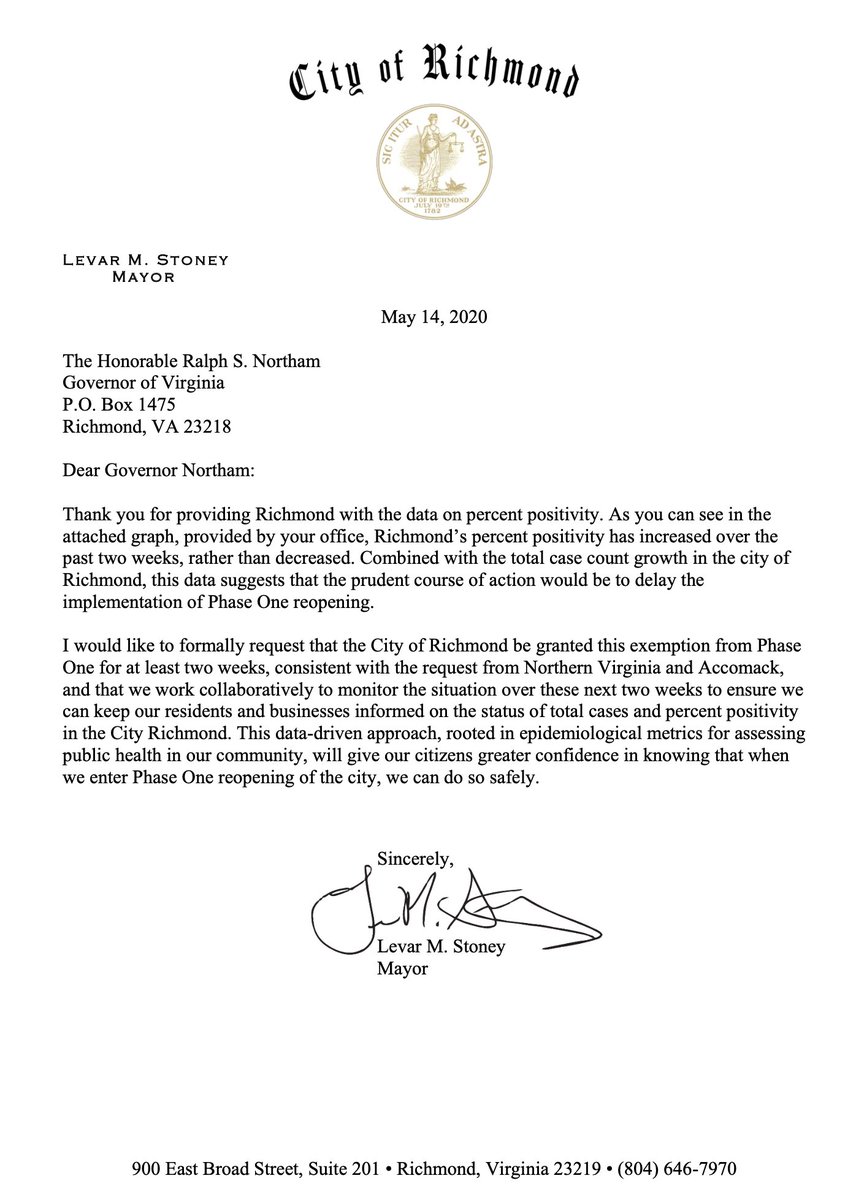CityRichmondVA's tweet photo. Richmond to delay moving into Phase One of state reopening plan until May 28 at the earliest
Read more here: https://t.co/xdX41I5JQC
Read the letters Mayor @LevarStoney sent to @GovernorVA below ⬇️ https://t.co/gZ0tIPKCzO