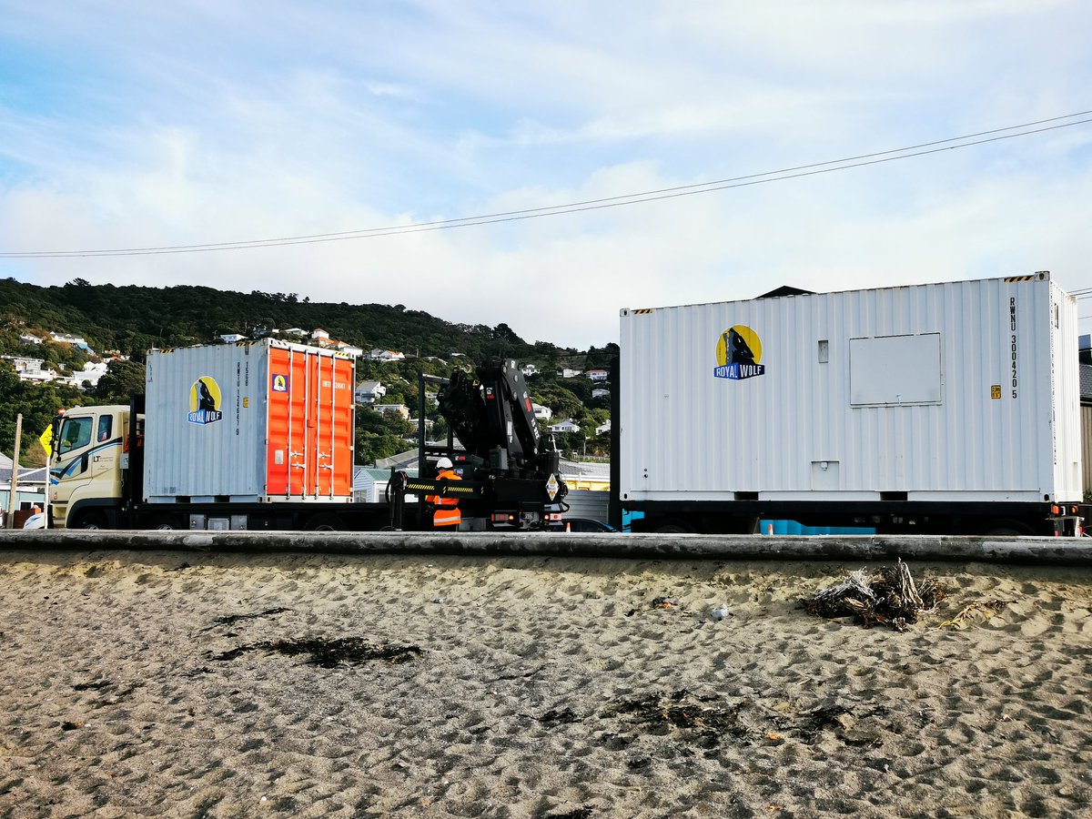 WildBayNZ's tweet photo. Two office containers currently being unloaded by the playground @lyallbaynz These will be used by Fulton Hogan while the Seawall between Maranui & Queens Drive is repaired and strengthened. @kilbirnienz #Lyallbay #SeawallRepair #FultonHogan https://t.co/tTfGtBuQy5