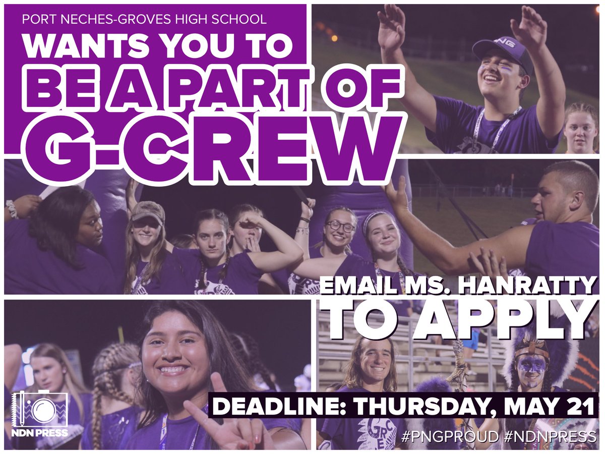 NDNPRESS (@ndnpress) on Twitter photo 🚨ATTN CLASS OF 2021 SENIORS: The application deadline has been extended to be a part of the 2020-21 G-Crew.
Contact sponsor Ms. Lauren Hanratty at lhanratty@pngisd.org to be sent an application and instructions. (1/2) 🚨ATTN CLASS OF 2021 SENIORS: The application deadline has been extended to be a part of the 2020-21 G-Crew.
Contact sponsor Ms. Lauren Hanratty at lhanratty@pngisd.org to be sent an application and instructions. (1/2)