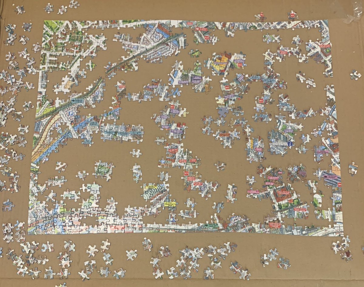 I think a 1000 piece Manchester Jigraphy Jigsaw was a tad ambitious for my first jigsaw puzzle since circa. 1999. #7weeksin #slowprogress #sendhelp