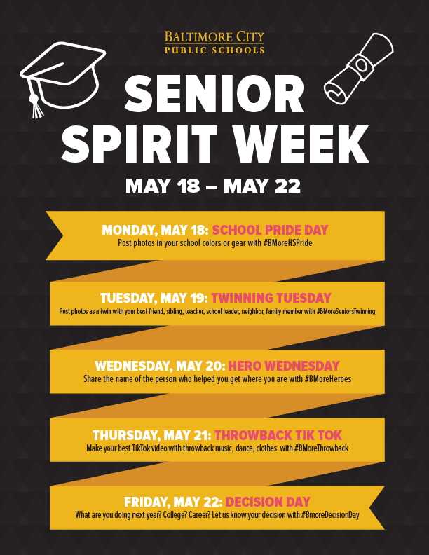 BaltCitySchools's tweet photo. May 22 is the last day of classes for most seniors! 😲
Time to celebrate with #BmoreSeniorWeek. On Monday, share a photo in your school colors with #BmoreHSPride https://t.co/LFvaI5XNiN