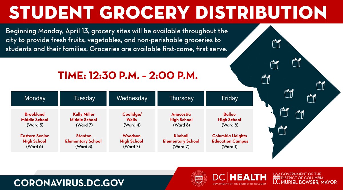 Informational flyer about student grocery distribution sites.  Students and their families can receive fresh fruits, vegetables and non-perishable items from 12:30 PM to 2:00 PM, Monday through Friday at select sites. Contact online, http colon double backslash bit dot ly backslash DCGrocerySites