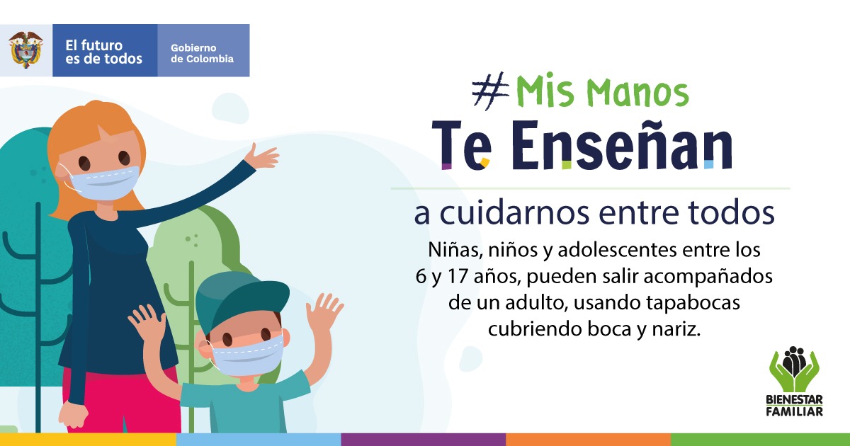 MinAmbienteCo's tweet photo. #MisManosTeEnseñan a cuidarnos entre todos | ¿Quiénes pueden salir durante el aislamiento preventivo? Niñas, niños y adolescentes entre los 6 y 17 años. ¿A qué distancia? No más allá de 1 km a la redonda del hogar; deben usar mascarilla o tapabocas para cubrir boca y nariz. https://t.co/nS922KntY4