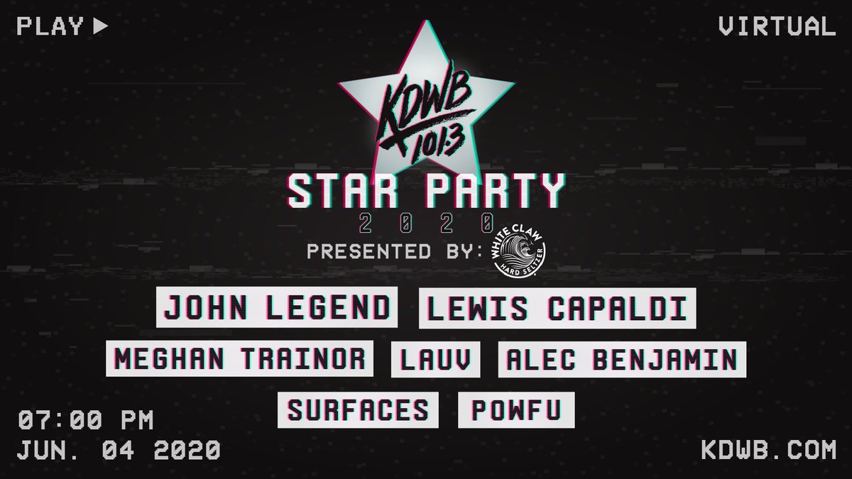 1013KDWB's tweet photo. It's the Virtual KDWB Star Party Lineup presented by @WhiteClaw ⭐️ #KDWBStarParty feat. @johnlegend @LewisCapaldi @Meghan_Trainor @lauvsongs @AlecBenjamin @surfacesmusic @Powfu https://t.co/MoyqVpoo9p