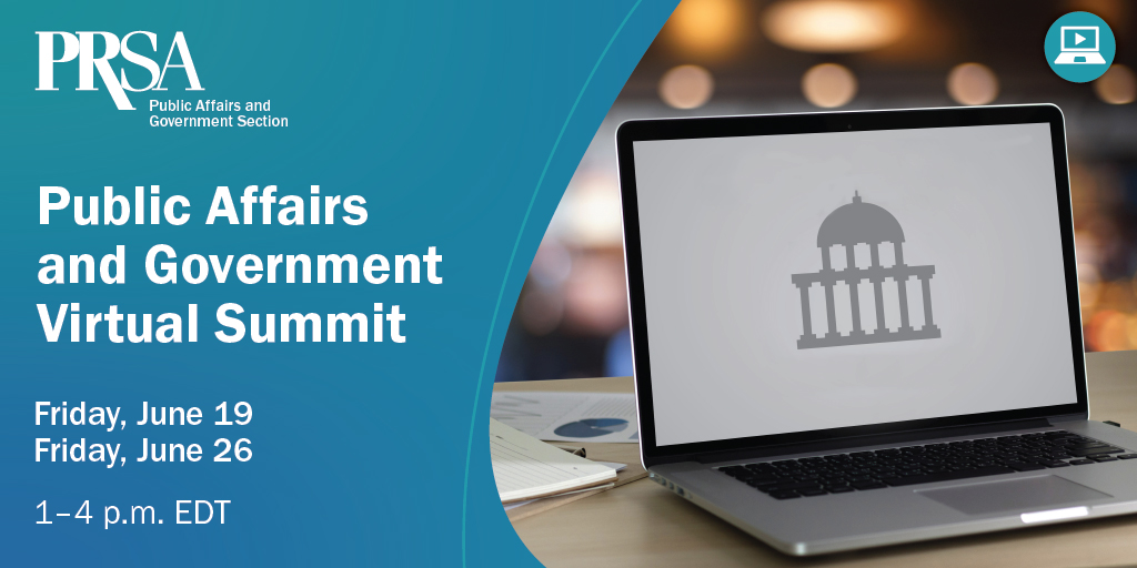 PRSA's tweet photo. Big news, #PRpros! @PRSAPubAffairs is offering its annual Summit virtually. Join us for two half-days of exciting, engaging and timely content on June 19 and June 26 from 1-4 p.m. EDT. Reserve your spot today>> https://t.co/fFBlq3D5RY #pagprsa https://t.co/2mLoVxBowt