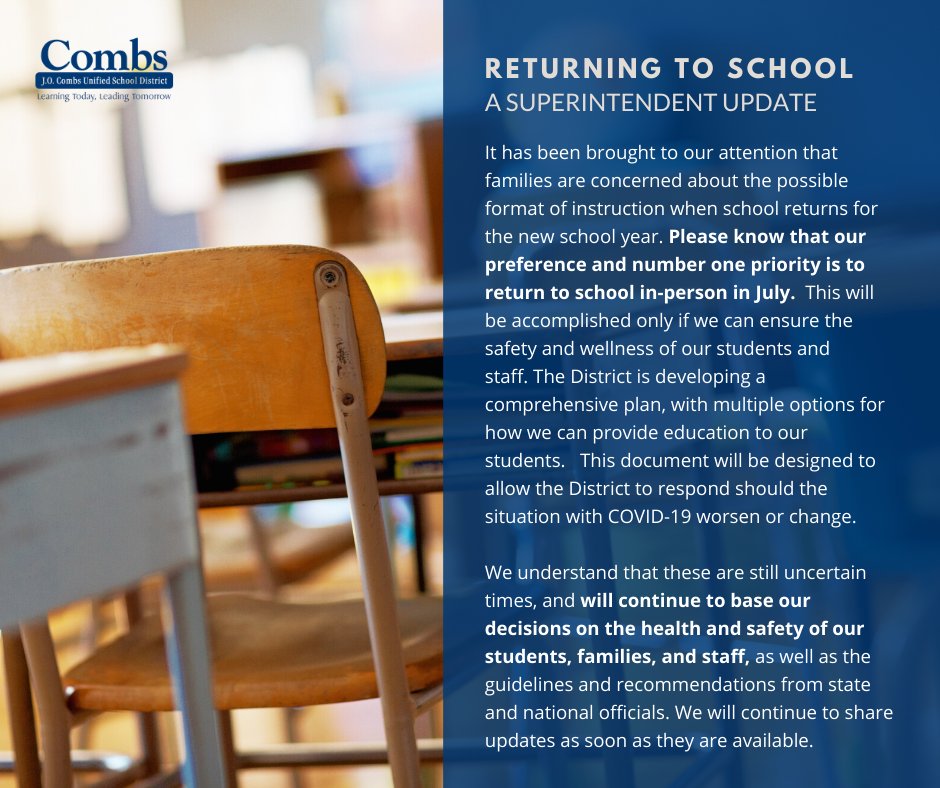 JOCombsUSD's tweet photo. An update for our #CombsCommunity. We know you have questions about what returning to school may look like next year. Please rest assured that we hear you and are working on safe and healthy solutions. #CombsCares #ChooseCombs https://t.co/IBmW465JNJ