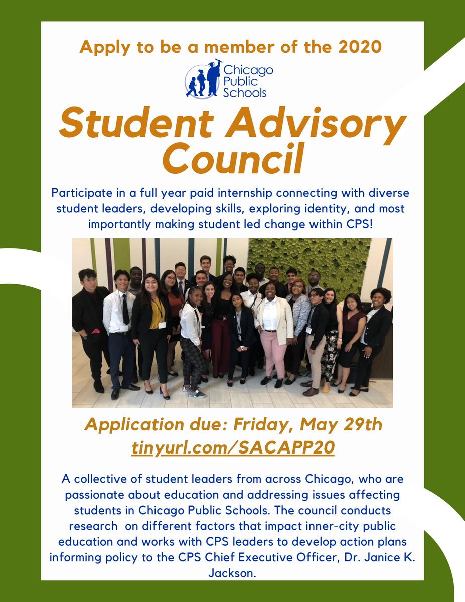 ChiPubSchools's tweet image. Students: are you passionate about education and creating positive change in your Chicago community?

The deadline to apply to be a member of the 2020 Student Advisory Council; has been extended to 5/29: tinyurl.com/SACAPP20