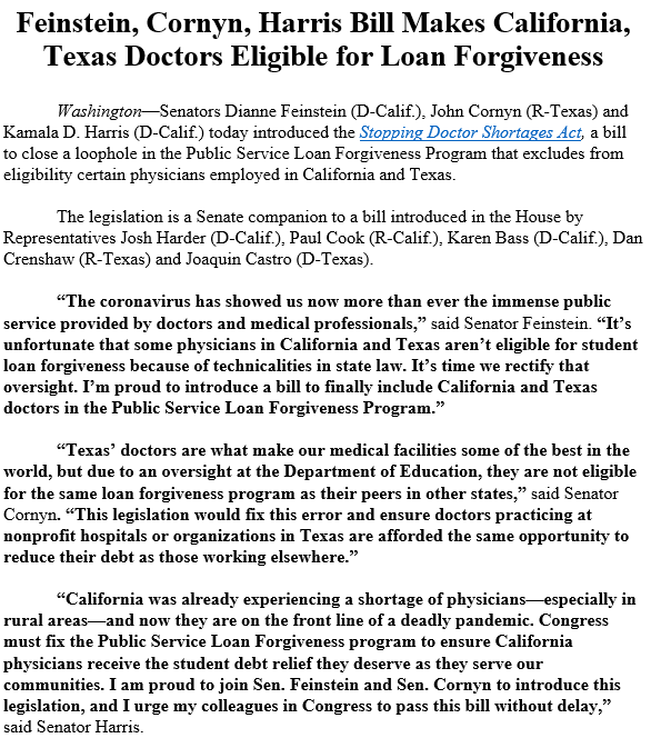 It’s unfortunate that some physicians in California and Texas aren’t eligible for student loan forgiveness because of legal technicalities. It’s time we fix that. I’m proud to introduce a bill that will help doctors through the Public Service Loan Forgiveness Program.