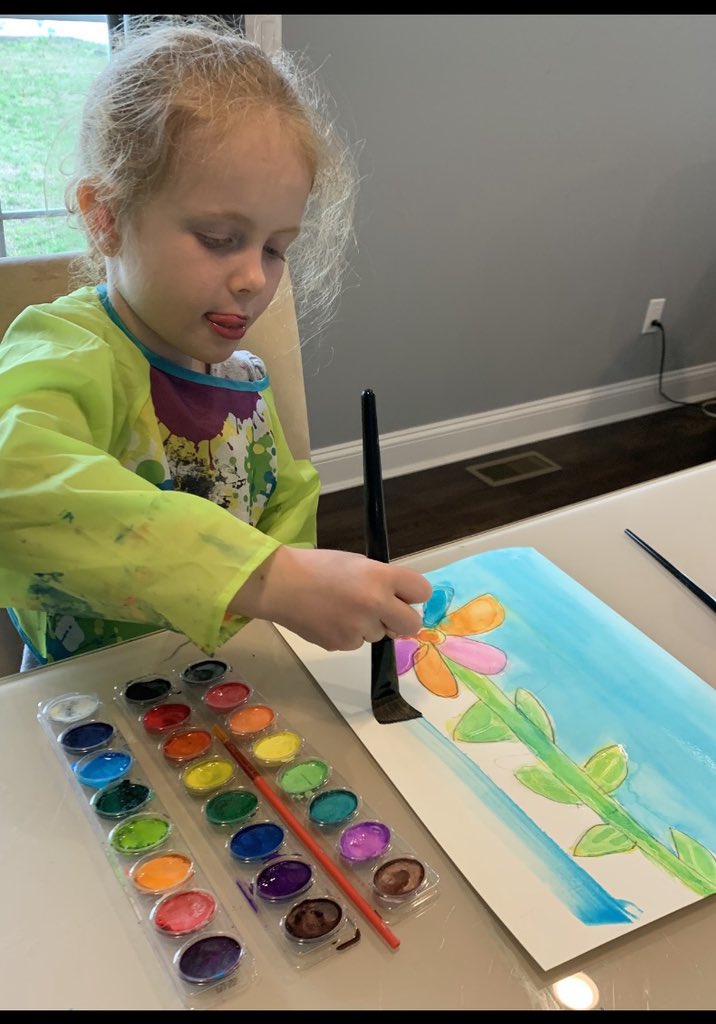 EIelementaryart's tweet photo. CES kindergartner Olivia Sedlock is knocking her flower themed art projects out of  the park with a glue resist painting and a mosaic sunflower 🌻 #Eifinearts @EIFineArts @eischools https://t.co/0pagcuM39n