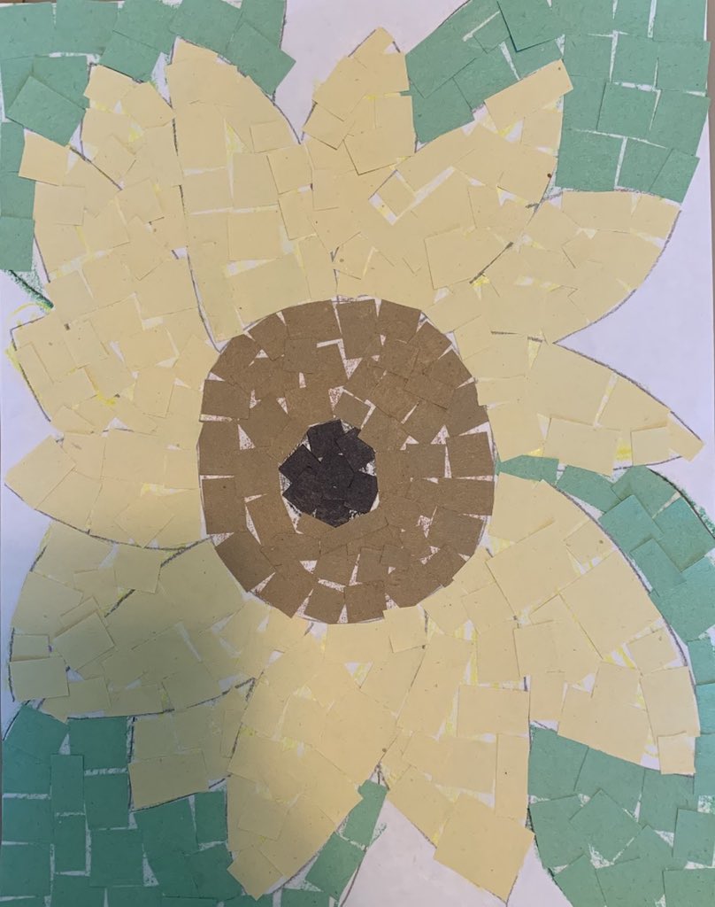 EIelementaryart's tweet photo. CES kindergartner Olivia Sedlock is knocking her flower themed art projects out of  the park with a glue resist painting and a mosaic sunflower 🌻 #Eifinearts @EIFineArts @eischools https://t.co/0pagcuM39n