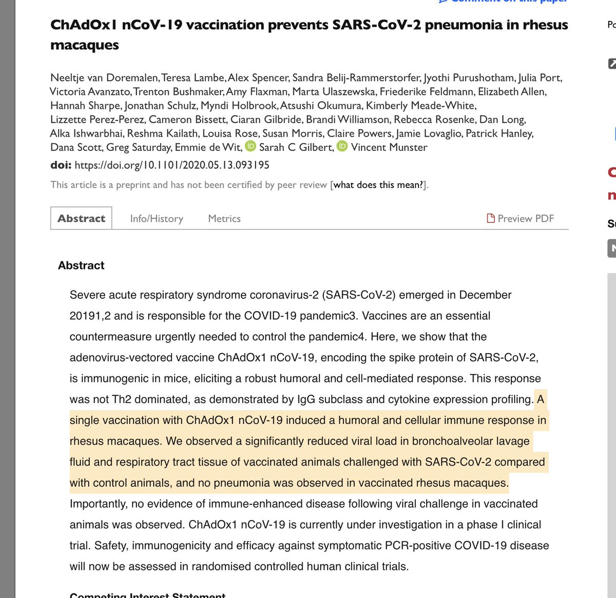 New research results on the vaccine candidate ('ChAdOx1') of the trial in Oxford: https://www.biorxiv.org/content/10.1101/2020.05.13.093195v1A single vaccination prevented pneumonia in rhesus macaques that were exposed to the coronavirus.This is a promising finding for the ongoing human trials!