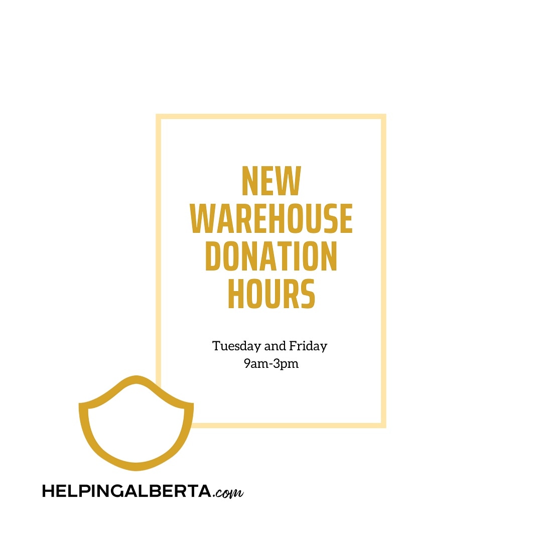 We've updated our warehouse hours!
Donations of PPE can be made at the following #Calgary location: Unit 117, 1240 – 20 Ave SE, Calgary AB. If you would like us to coordinate someone to pick up your #PPE,  please reach out to us at info@helpingalberta.com. #HelpingAlberta