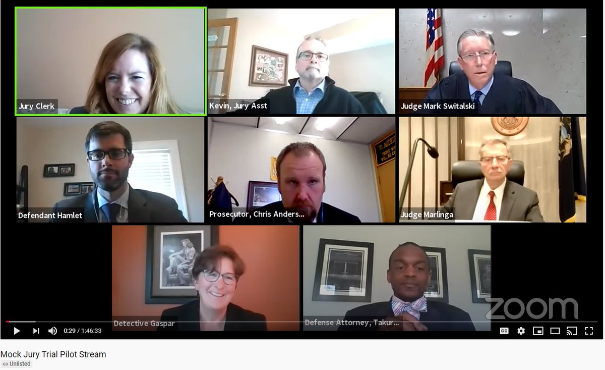 MISupremeCourt's tweet photo. Members of the Remote Jury Trial Pilot Workgroup prepare volunteer "jurors" to run through a mock jury orientation and selection process via @zoom_us, with the help of a video from @MJIEducation. https://t.co/smPsaW7Woi