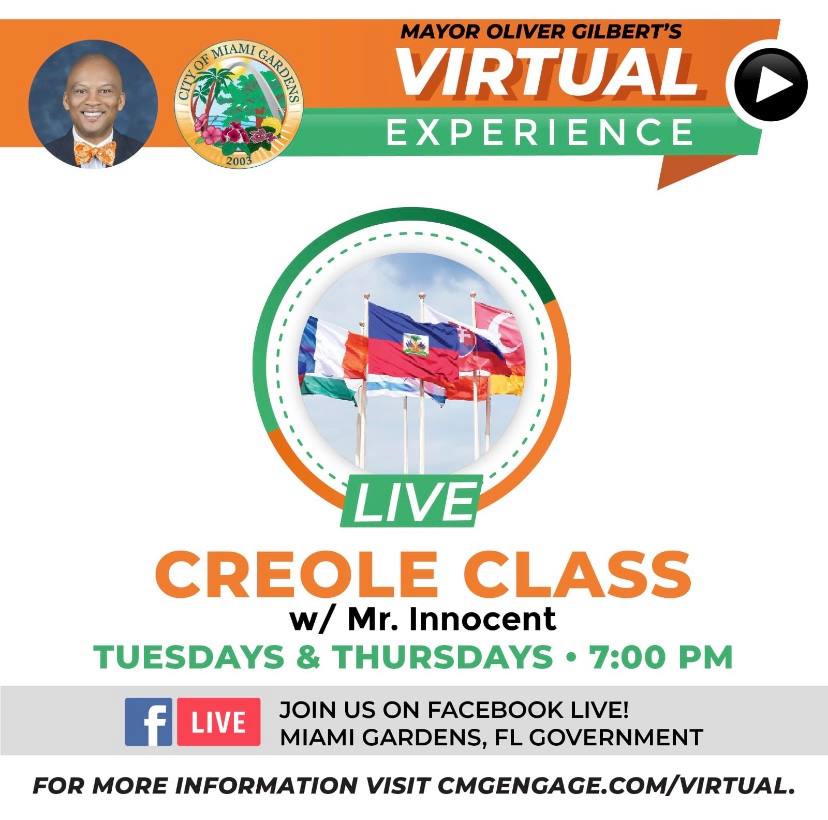CityofMiaGarden's tweet photo. Almost time to learn Creole with another class from Mr. Deland Innocent at 7:00pm. Link: https://t.co/4cYUA9jBMt #CreoleClass #CMGVirtual #CMGEngage https://t.co/aunh09kvVB