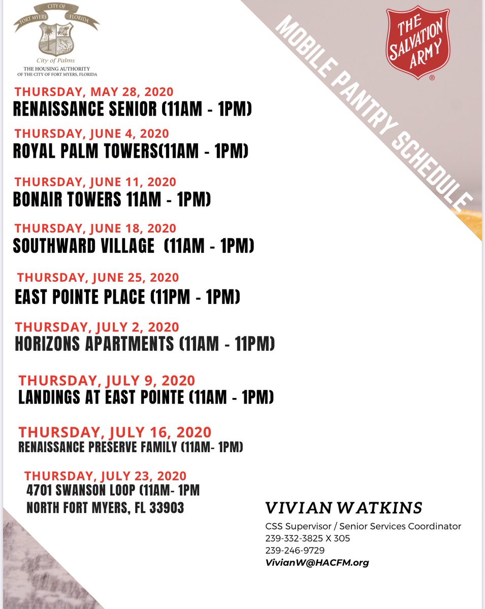 HousingFM's tweet photo. Announcing New Dates ~ Salvation Army Food Pantry

May &amp; June 2020

@leecountyarmy @ArmySWFL https://t.co/QTypjSEwUk https://t.co/IBSv4lncdu