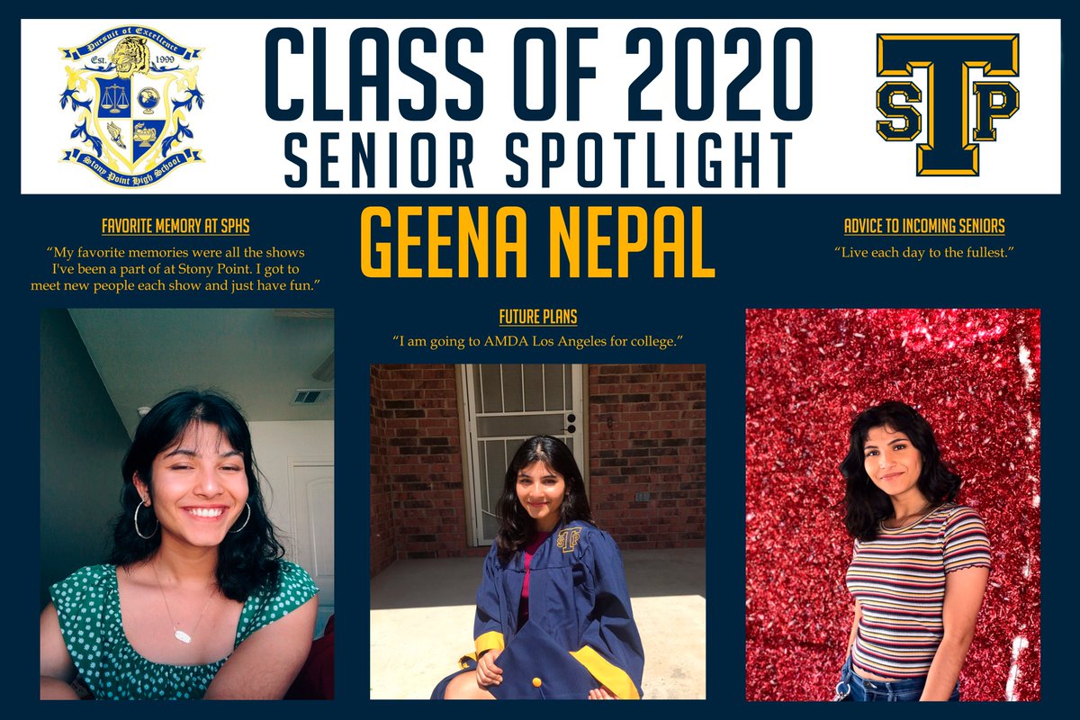 StpTiger's tweet photo. Class of 2020 Senior Spotlight: Geena Nepal - "I am going to AMDA Los Angeles for college." https://t.co/fNXOgPss6l @RoundRockISD @StonyPointHS @alwatsonjcil @ProjectGradSPHS #StonyPointSeniorStrong https://t.co/amtw3uUHDw