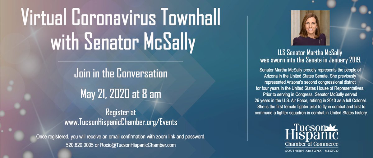 THispanicChmbr's tweet photo. THCC invites you to a "Virtual Coronavirus Townhall with Senator McSally". Join the conversation, May 21, 2020 at 8am.

 **THCC is a non partisan organization and is committed to its mission of serving and advocating for the small business community. ** https://t.co/Pie5MuQP2b