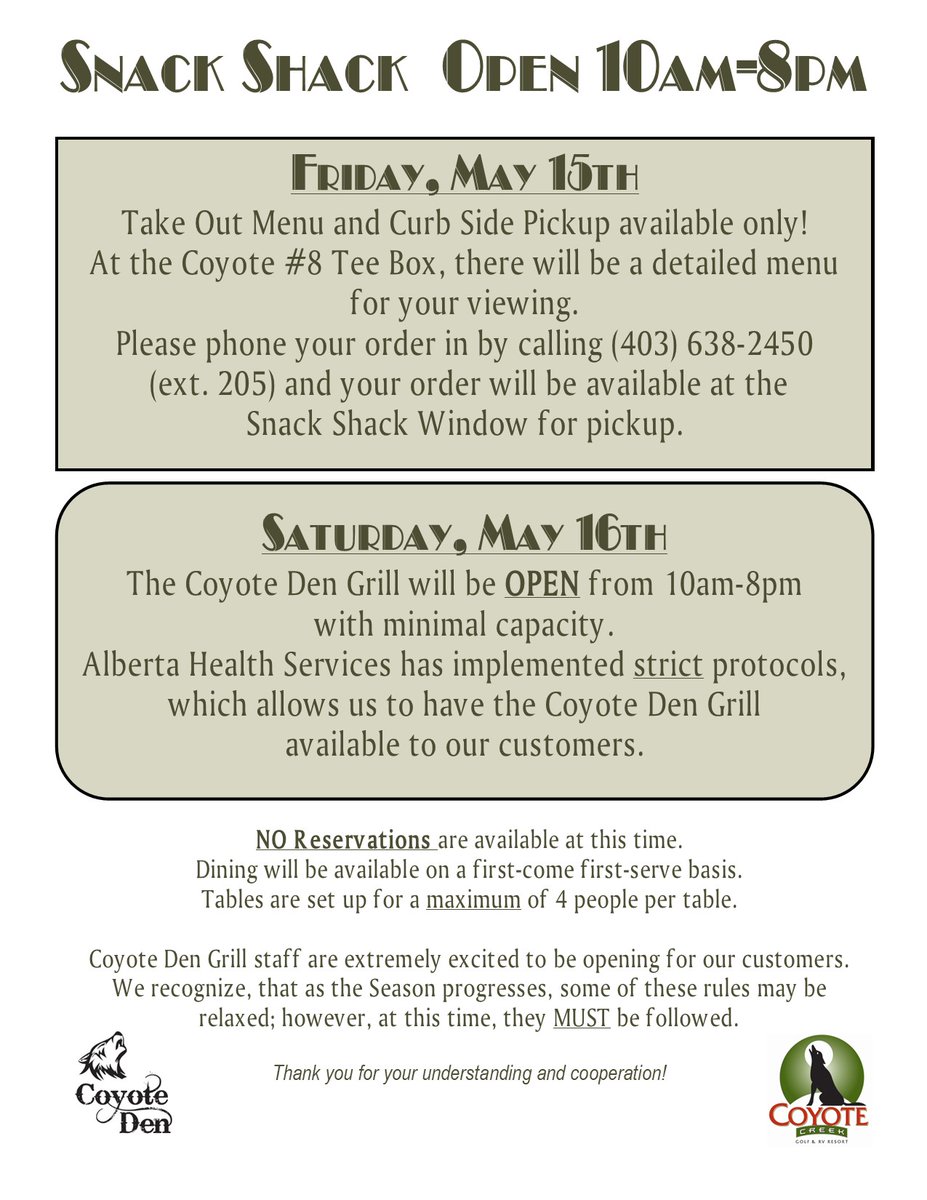 CCGolfRV's tweet photo. Coyote Den Grill Opening https://t.co/8xFNSll1FG