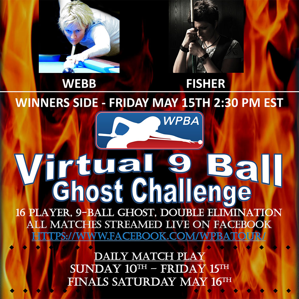 WPBAbilliards's tweet photo. The WPBA Virtual 9-ball Ghost Challenge resumes tomorrow with 4 matches at 12:30pm, 2:30pm, 4pm, and 6pm EST. The following players (Janic vs. Rakin Tam, Webb vs. K. Fisher, Peters vs. Kjorsvik, and Hopkins vs. Barretta) will be on the livestream on Facebook. #wpba #virtualpool https://t.co/TgKBpkxLI3