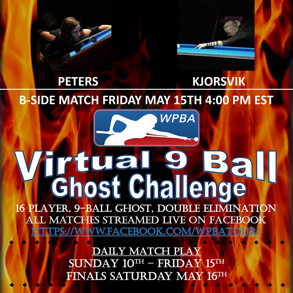 WPBAbilliards's tweet photo. The WPBA Virtual 9-ball Ghost Challenge resumes tomorrow with 4 matches at 12:30pm, 2:30pm, 4pm, and 6pm EST. The following players (Janic vs. Rakin Tam, Webb vs. K. Fisher, Peters vs. Kjorsvik, and Hopkins vs. Barretta) will be on the livestream on Facebook. #wpba #virtualpool https://t.co/TgKBpkxLI3