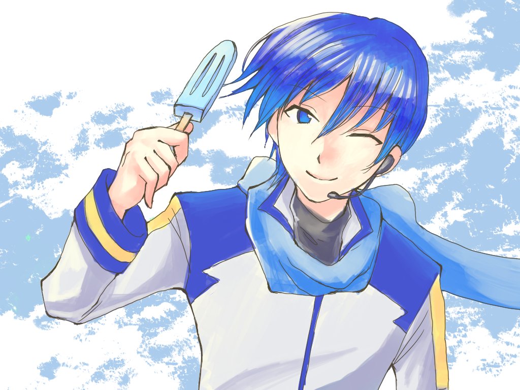 はんなりさんのkaito アイスを持ってニッコリ ウインク をする姿がカッコいい Piapro ピアプロ のイラスト