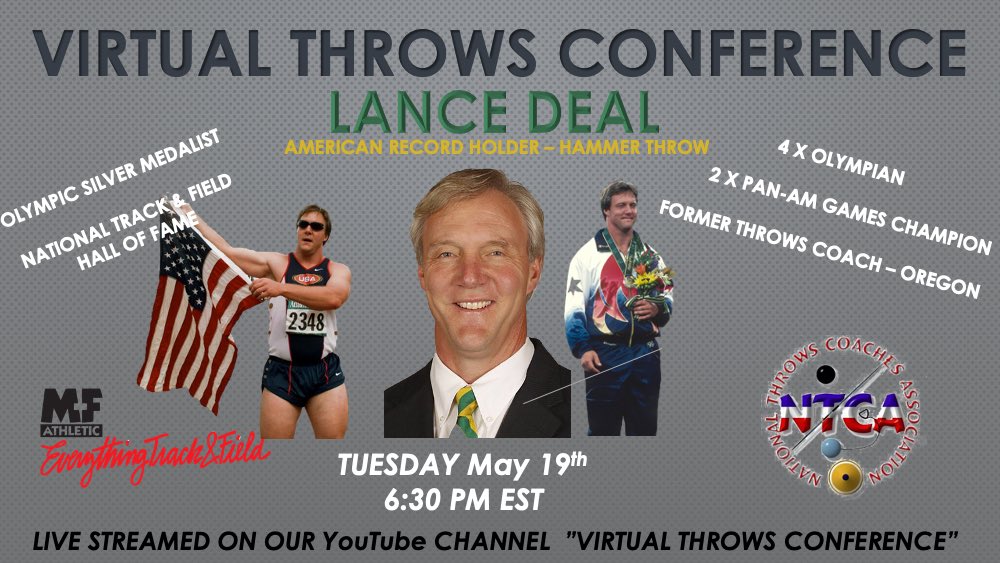 May 19, Tues. 5:00PM EST, 4:00PM CST, 2:00PM PST: FREE Virtual Throws Conference w/ Al Fereshetian (Bates College HC) &amp; Lance Deal (American Record Holder-Hammer). Sponsored by #MFAthletic. Retweet for chance to win $50 gift certificate to <a href="/EverythingTF/">EverythingTF</a>.
youtube.com/channel/UCuBOF…