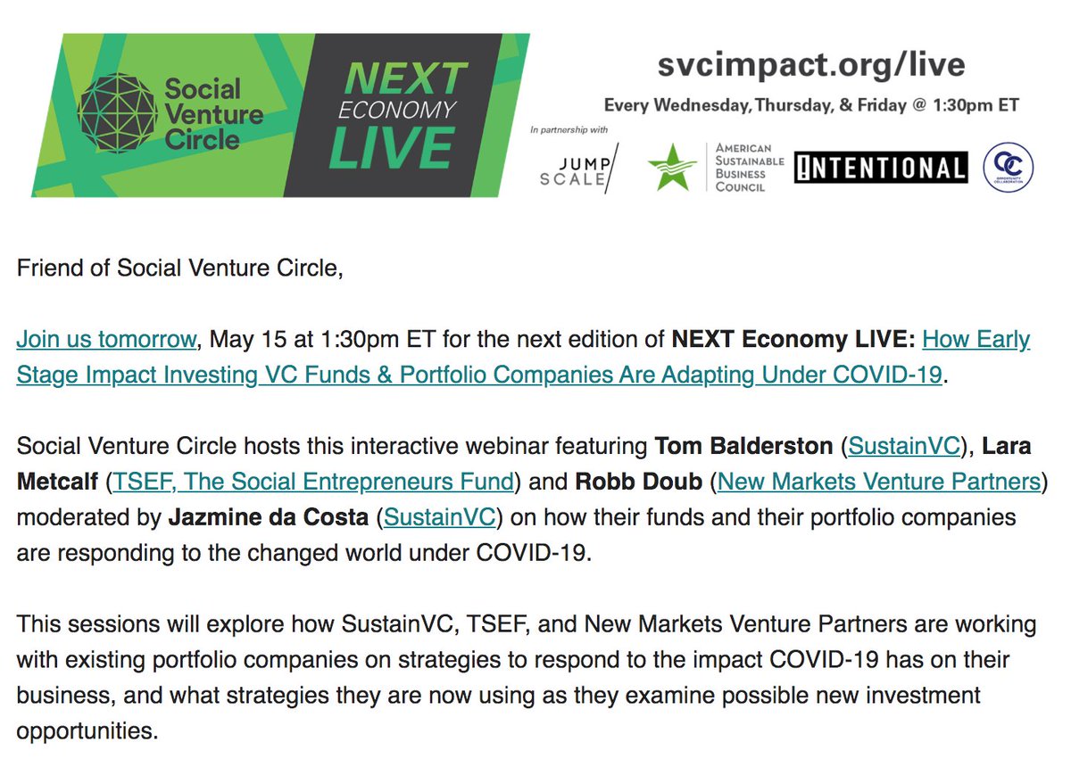 theASBN's tweet photo. Join us tomorrow at 1:30pm ET for #NEXTEconomyLIVE: How Early Stage Impact Investing VC Funds & Portfolio Companies Are Adapting Under COVID-19 @TSEF_VC @newmarketsvp #SustainVC @ASBCouncil @ocimpact @SOCAPmarkets @wejumpscale https://t.co/54cZQNhAyw https://t.co/7J7Pj79Yii