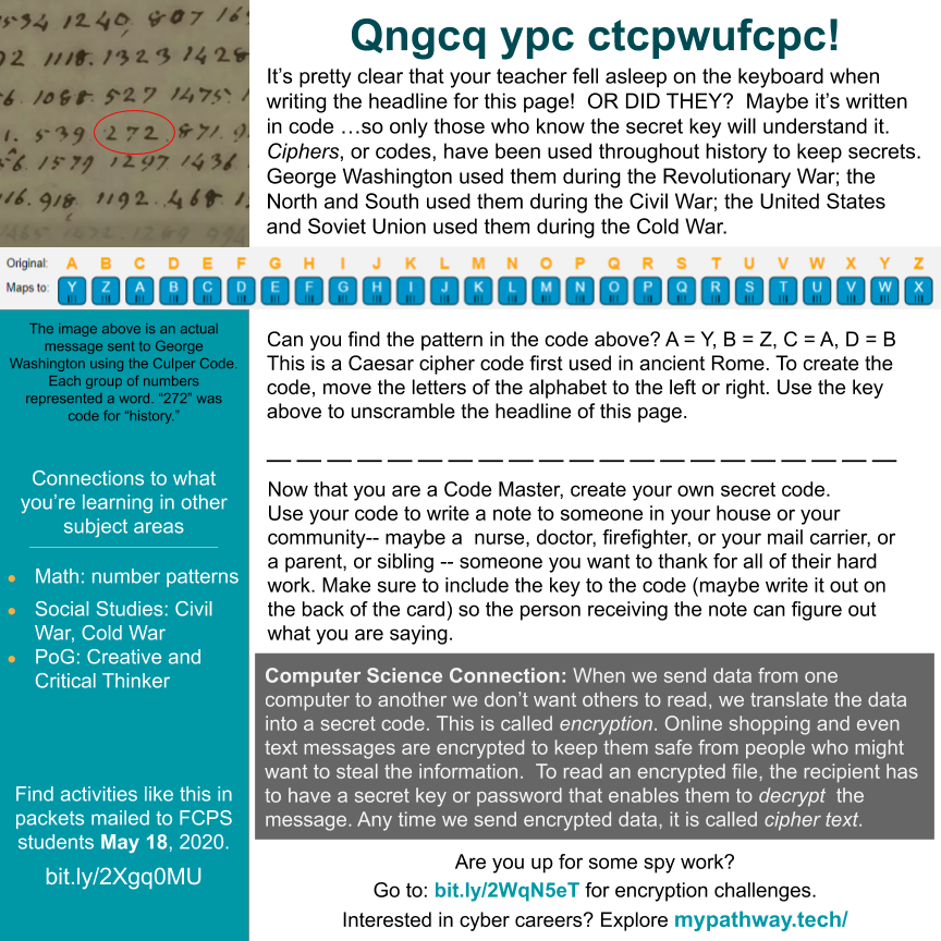 FCPSSTEAM's tweet photo. Are you up for some spy work? Try this codebreaker puzzle. Explore cyber careers https://t.co/p8MBMi3ywX Decrypt @Codeorg ciphers https://t.co/4RFQDJAgZT Plus, more #fcpsPOG in packets https://t.co/A4CDC8R0hq @prc_fcps @FcpsSocial @MathematicsFcps @fcps_CTE #CSinFCPS #CSforAll https://t.co/36a8VcvMdF