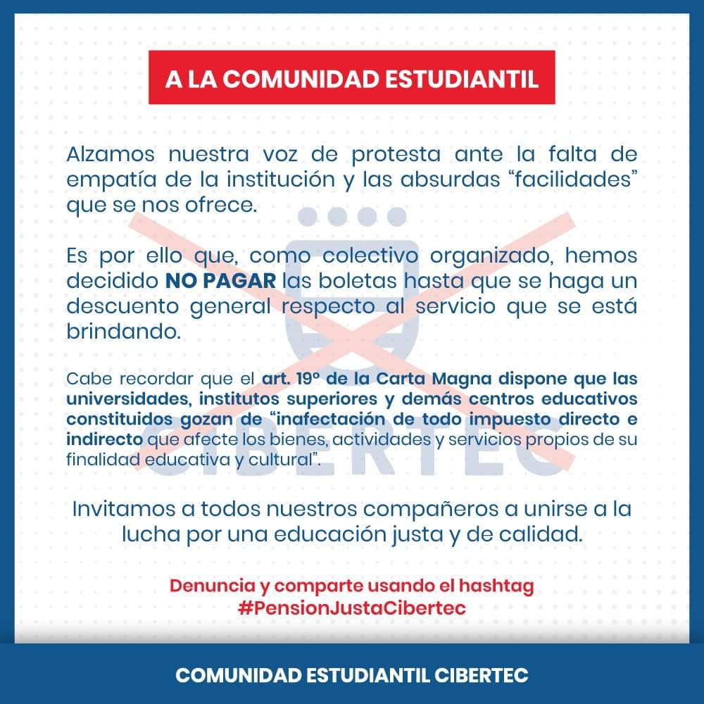 CECibertec's tweet photo. ¡LA COMUNIDAD ESTUDIANTIL DE CIBERTEC ALZA SU VOZ DE PROTESTA!
#PensionJustaCibertec
#InstitutosUnidos https://t.co/hnJbVOlSEr