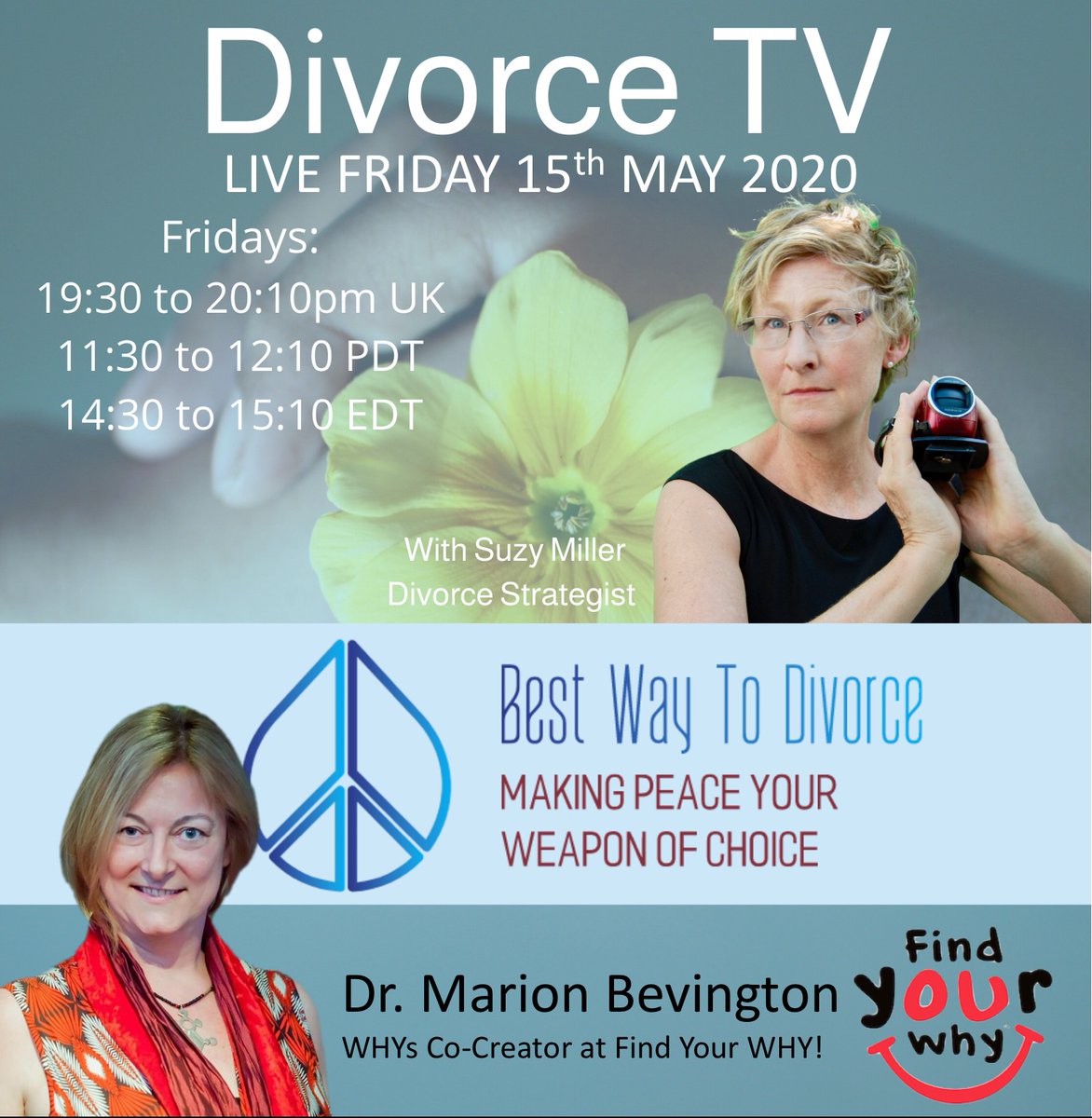 DIVORCE TV Friday 15th May 2020: 7:30pm UK time.
Our very own @MarionBevington and the amazing @StartOverSuzy Suzy Miller and “Disney DAD” @DisneyDadShow Robert aguilar Jr.
Fear around #Divorce, #family finances?

#divorcestrategist #helpseparatedfamilies

suzymiller.synduit.com/FTWP0001