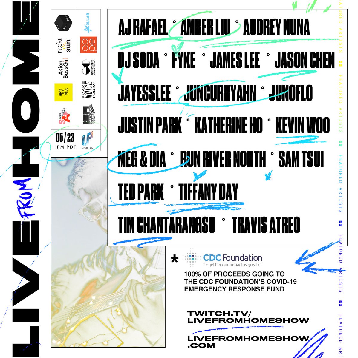 thelivefromhome's tweet photo. Live From Home Lineup!
@llama_ajol @ajRAFAEL @audreynuna @dj_soda_ @fykemusic @jamesjoohyunlee @JasonDChen @jayessleemusic @JunCurryAhn @junoflo @JustinParkMusic @iamkatherineho @kevinwoo91 @megdia @RunRiverNorth @SamuelTsui @TedParkBoi @tiffdidwhat @TimothyDeLaG @travisatreo https://t.co/Rq0ZoJ9YNO