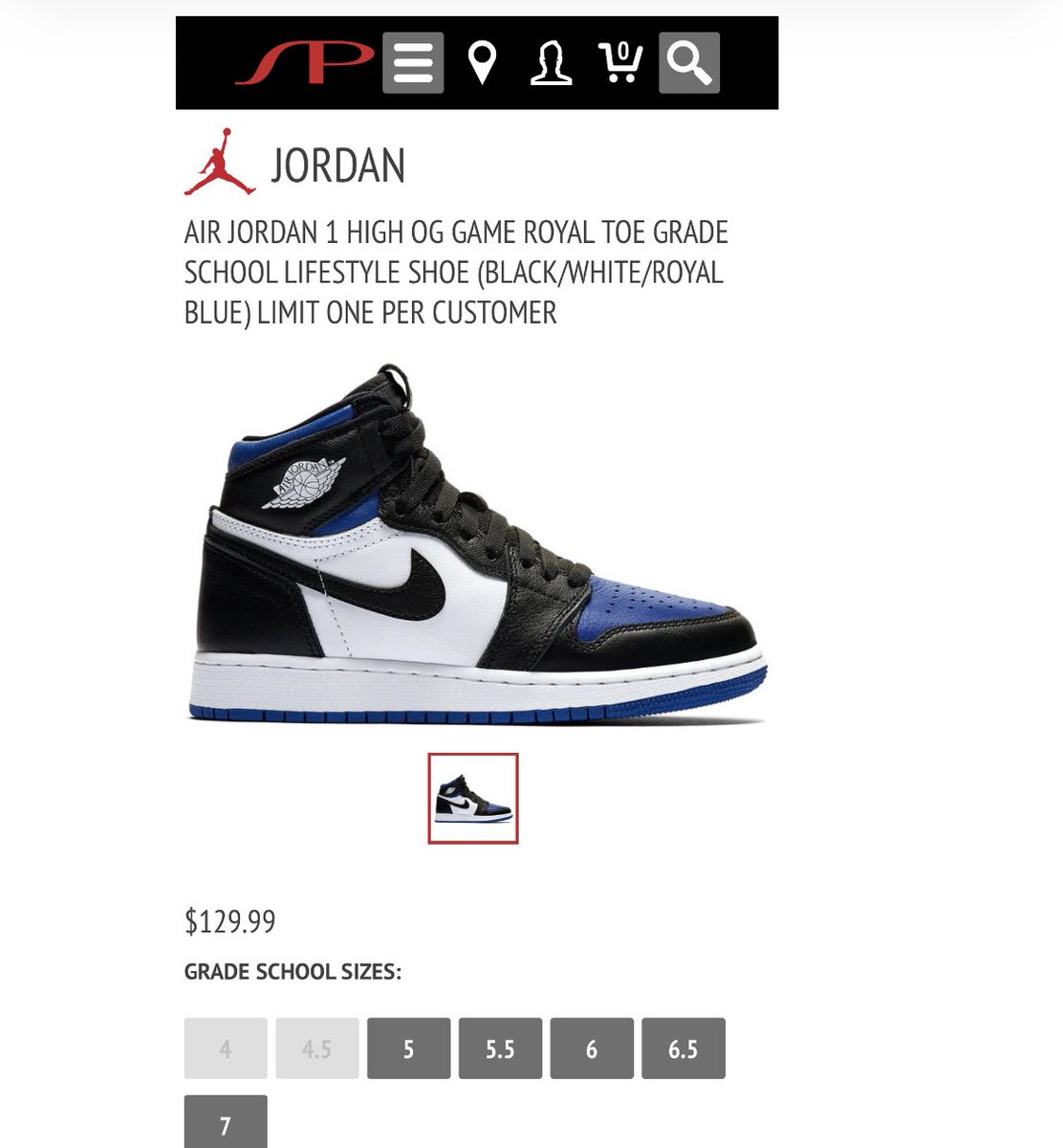 jordan retro 1 high og royal toe grade school