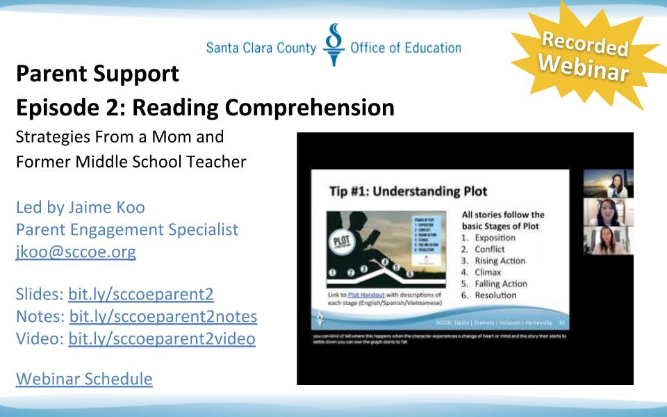 If you missed @sccoe's Parent Support Webinar on Reading Comprehension led by @encouraginglit with @SantillanOlivia and @PacadaVision , Here's the recording links: 🔗bit.ly/2Lwcm0U🔗. #distancelearning #weAreSCCOE #readingcomprehension