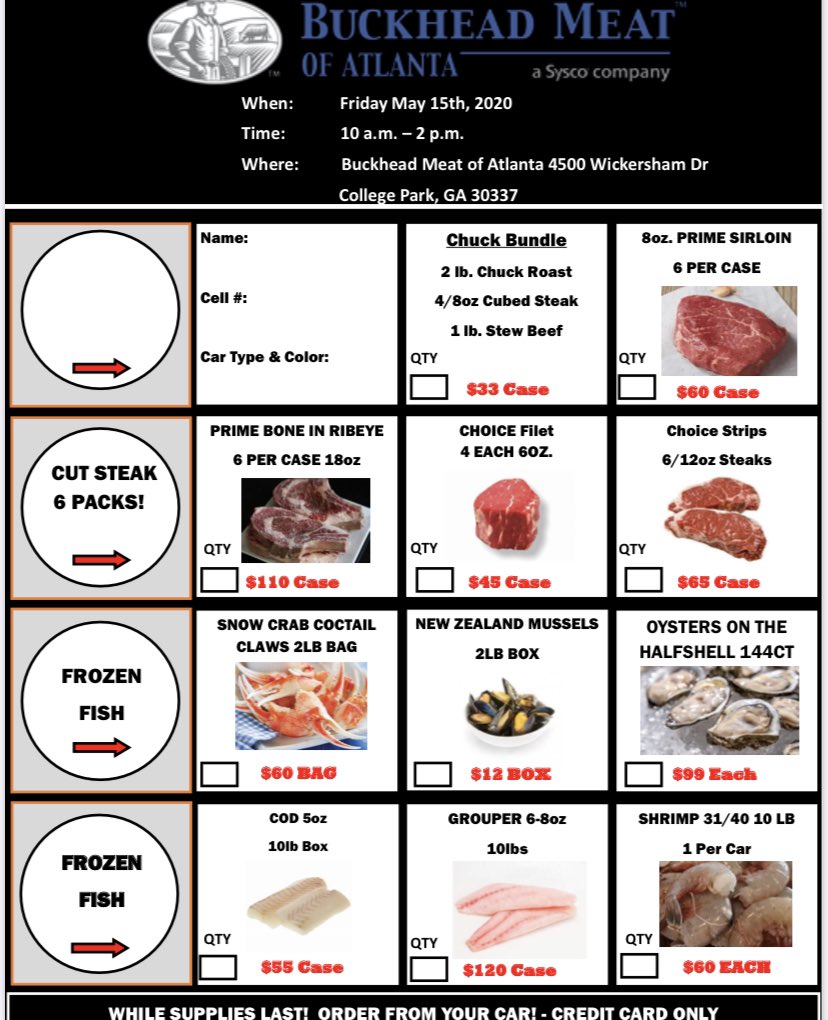 Here are our specials for the (5/15) Curbside Market tomorrow. Come see us from 10-2 to enjoy restaurant quality premium meat at wholesale deals. Just in time for the weekend!
-NO CASH
-4500 Wickersham Dr
  College Park, Ga
-10-2 (9AM for first responders