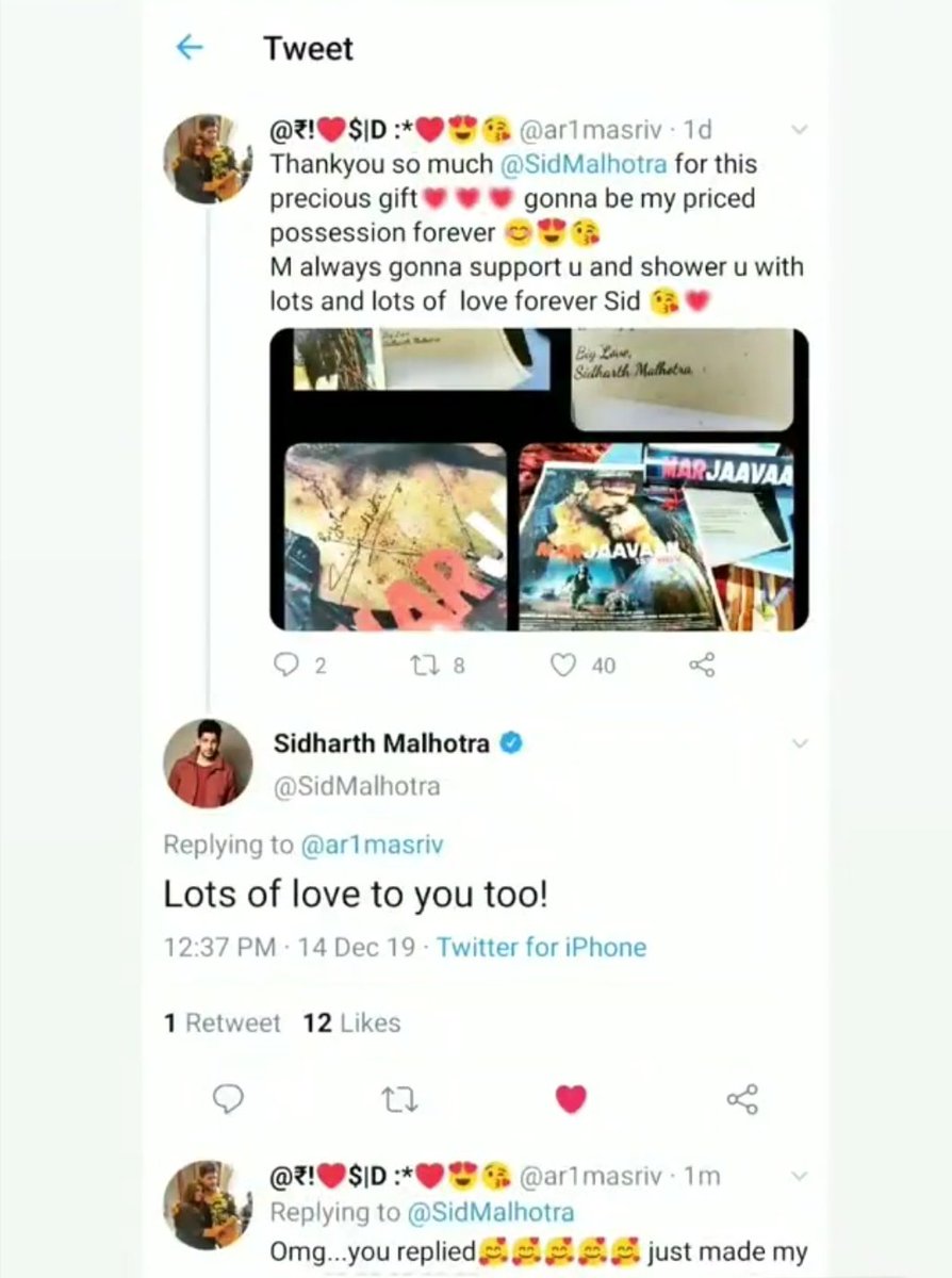 ar1masriv's tweet photo. I wish to get more of these kinda notifications from @SidMalhotra  in future as well ❤️ thanks sid for making my day special with your replies ❤️ love you a lot 😘 https://t.co/DodCcQKoBO