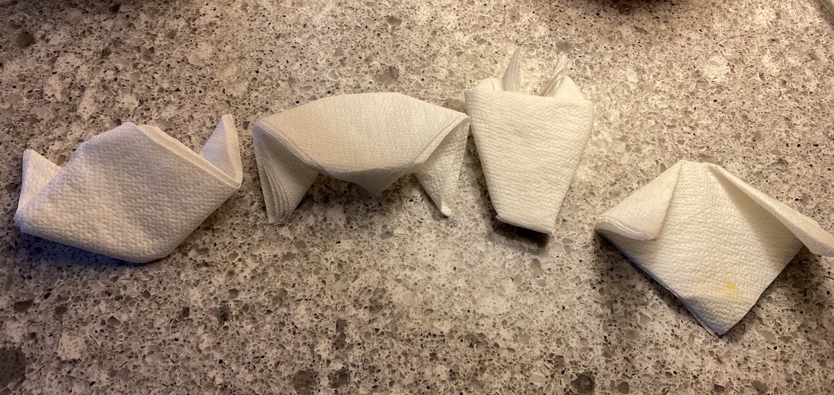 RoahenRizzo's tweet photo. Origami napkins created by my Key Bee on #KeySpiritWeek Maker Day! [Cat, Bunny (whoops: upside down), Horse, Puppy] #somoskey ⁦@KeySchoolAPS⁩ https://t.co/P8TLjwlrq2