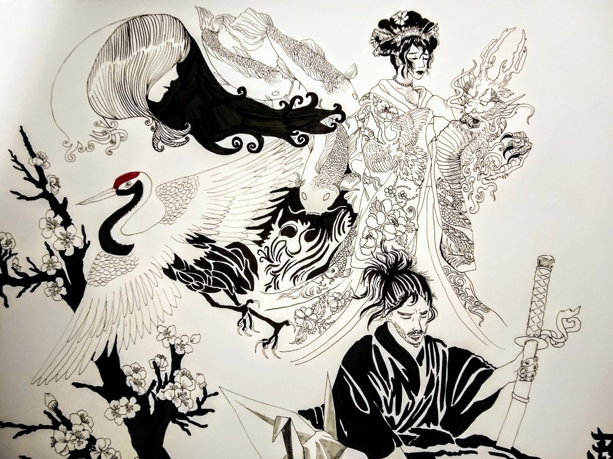 hiddenbyart's tweet photo. Throw back College assignment drawing from 2012. In this piece I was studying Japanese Tattoos and the elegantly embroidered kimonos. #neopiko #penandinkdrawing #japanesetattoodesign #artistsontwitter https://t.co/gBSun0KXBa